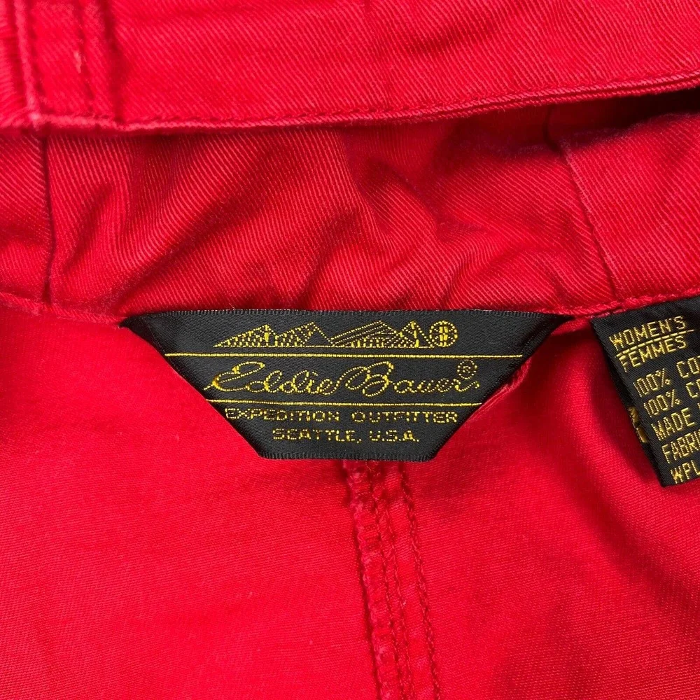 VTG Eddie Bauer Jacket Womens Medium Red Hooded Zip Snap Cotton Outdoors Pockets